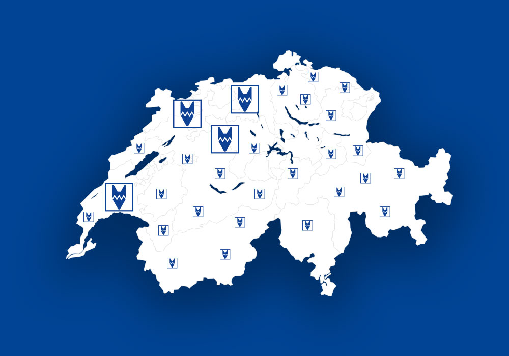 Schweizer Karte mit REISSWOLF Standorten – flächendeckender Service für Aktenvernichtung und Archivräumung